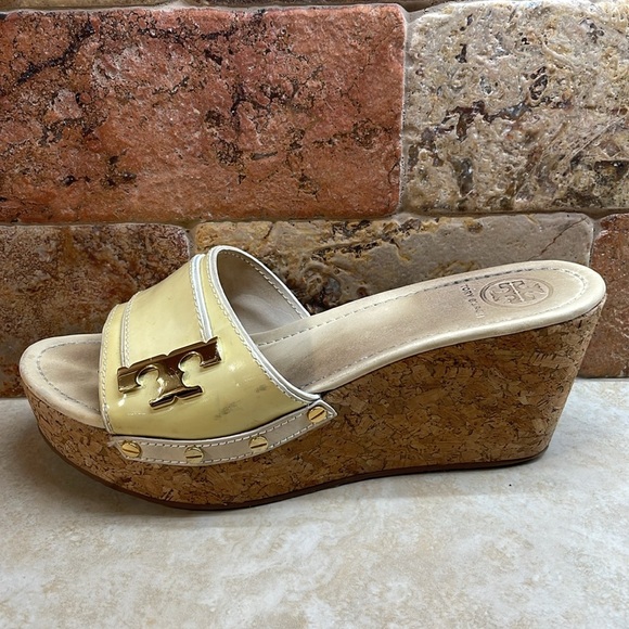 Tory Burch Wedge Sandals Platform Patent Leather Cork Yellow Size 10 M - Picture 7 of 16